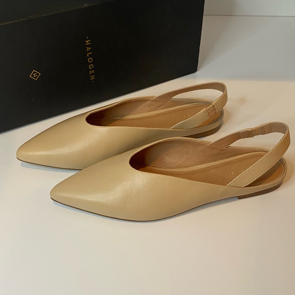 NIB Halogen Nude leather Sling Back Pointed toe flats.